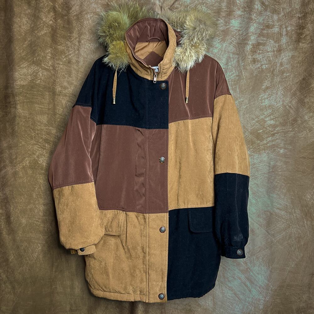 Izzi Outerwear Vintage 90s Patchwork Color Block Coat Coyote Fur Trim Hood